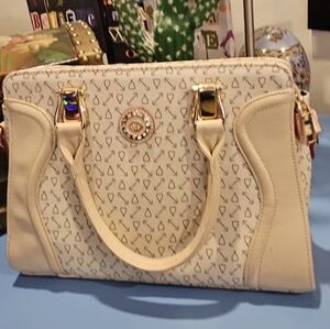 Nicole Miller NY White & Tan Monogram Satchel Bag Gold Hardware